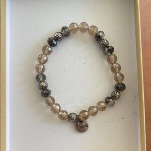 Gold and Brown Beaded Stretch Bracelet with Charm